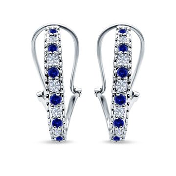 Half Eternity Heart Huggie Hoop Earrings Round Simulated Blue Sapphire CZ 925 Sterling Silver (18mm)